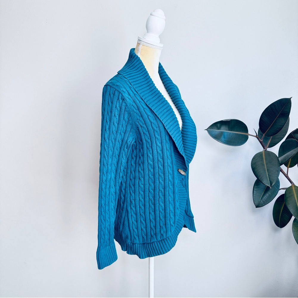 L.L.Bean Women’s Shawl Collar Cable Knit Cardigan Teal Size L - Picture 3 of 6